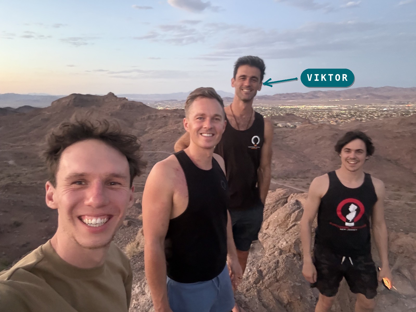 Michael Vincent with Viktor Nikolovski and fellow coaches at sunset during the Functional Patterns HBS course