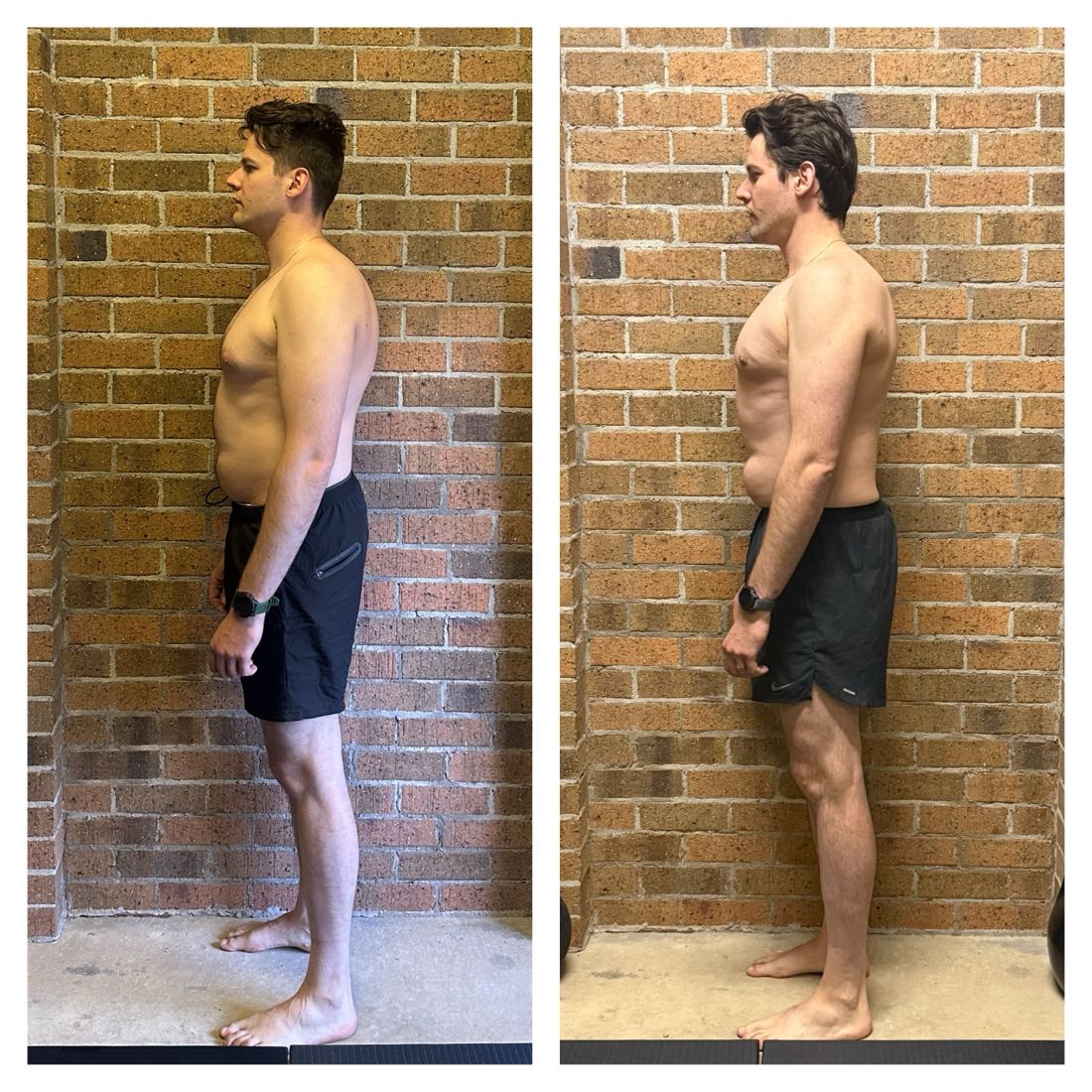 Taras before and after one-on-one training, side view showing a more upright, less forward-leaning posture